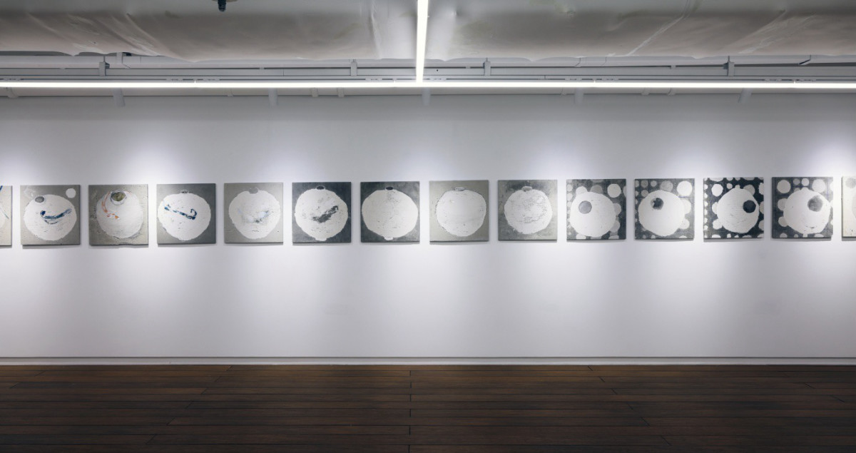 Gallery view- Untitled-stcmt-2550-12-23, 2025, graphite, stainless net, pigment, glue, oil, acrylic on cement panel, 600 x 50 cm (whole), 50 x 50 cm (each)