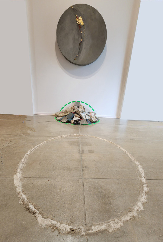 Gallery view-Untitled-162190-LD + Found Concretes + Meaningful Dust, 2021-2025, cement, graphite, pigment, glue, acrylic on foam panel, line tape and dust from studio, 90cm diameter + 90cm diameter + 110 cm diameter (dust)
